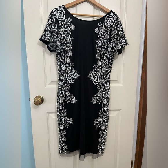 Aidan Mattox Black Dress with White and Silver Floral Beads and Sequins - Picture 1 of 16